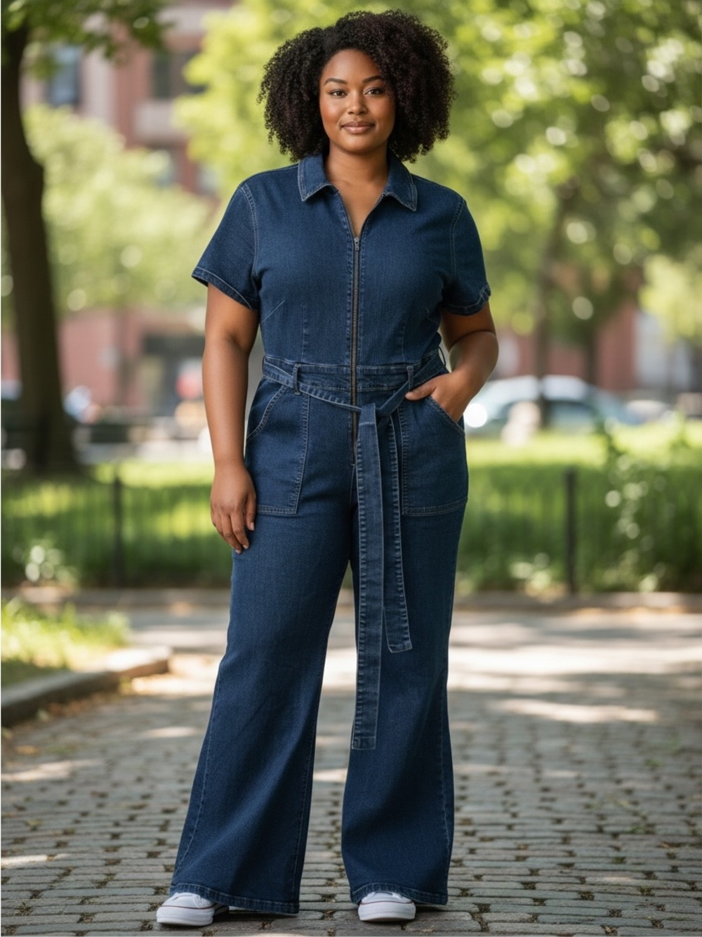 Ava & Viv Dark Blue Denim Jumpsuit with Tie Waist